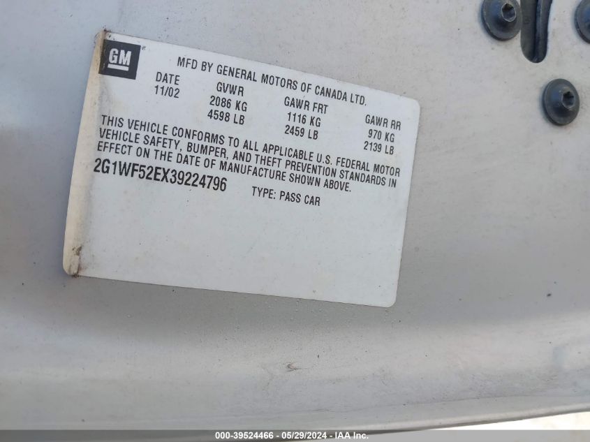 2003 Chevrolet Impala VIN: 2G1WF52EX39224796 Lot: 39524466