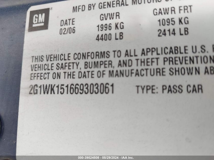 2006 Chevrolet Monte Carlo Lt VIN: 2G1WK151669303061 Lot: 39524508