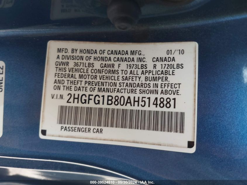 2010 Honda Civic Ex VIN: 2HGFG1B80AH514881 Lot: 39524510
