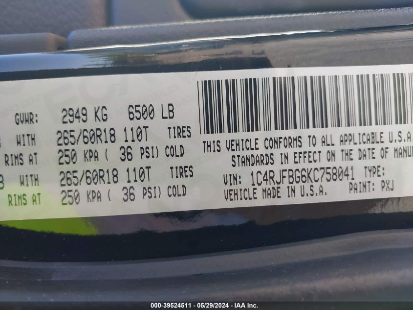 2019 Jeep Grand Cherokee Limited 4X4 VIN: 1C4RJFBG6KC758041 Lot: 39524511
