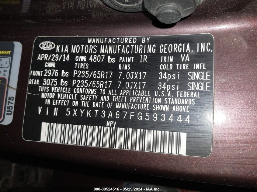 2015 Kia Sorento Lx VIN: 5XYKT3A67FG593444 Lot: 39524516