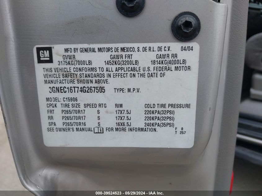 2004 Chevrolet Suburban 1500 Ls VIN: 3GNEC16T74G267505 Lot: 39524523