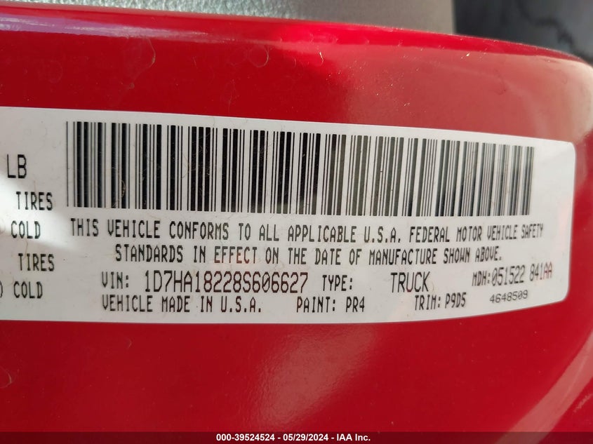 2008 Dodge Ram 1500 Slt VIN: 1D7HA18228S606627 Lot: 39524524