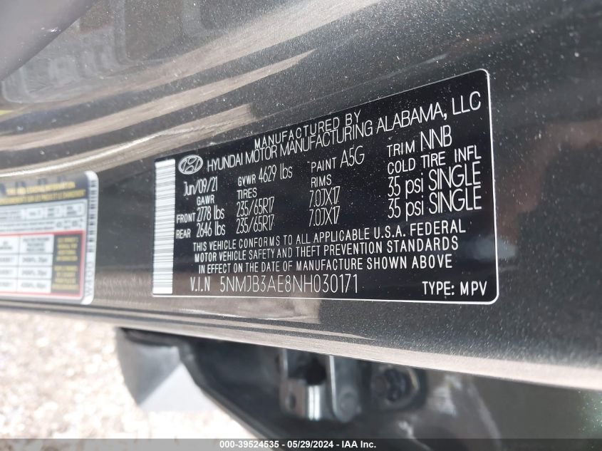 2022 Hyundai Tucson Sel VIN: 5NMJB3AE8NH030171 Lot: 39524535