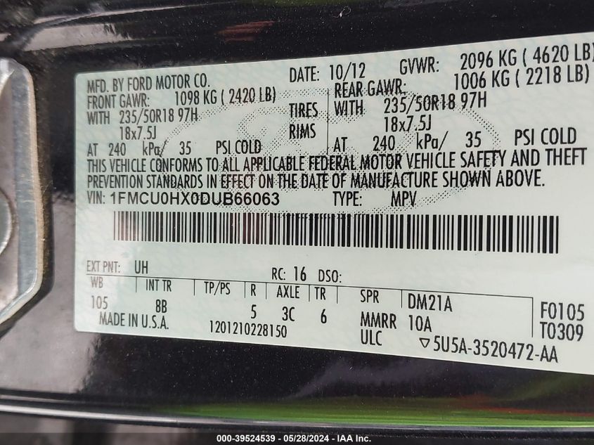 2013 Ford Escape Sel VIN: 1FMCU0HX0DUB66063 Lot: 39524539