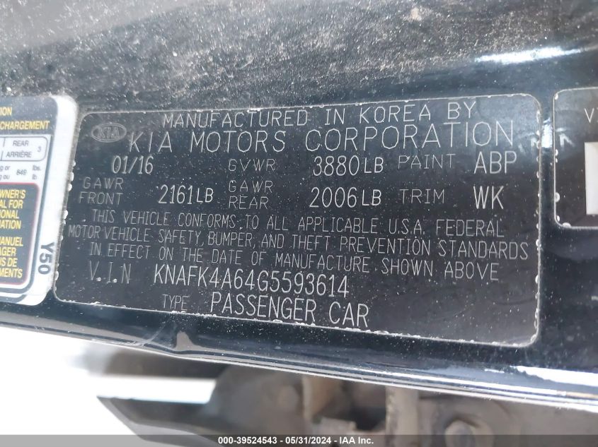 2016 Kia Forte Lx VIN: KNAFK4A64G5593614 Lot: 39524543