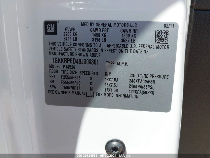 2011 GMC Acadia Sle VIN: 1GKKRPED4BJ309801 Lot: 39524555