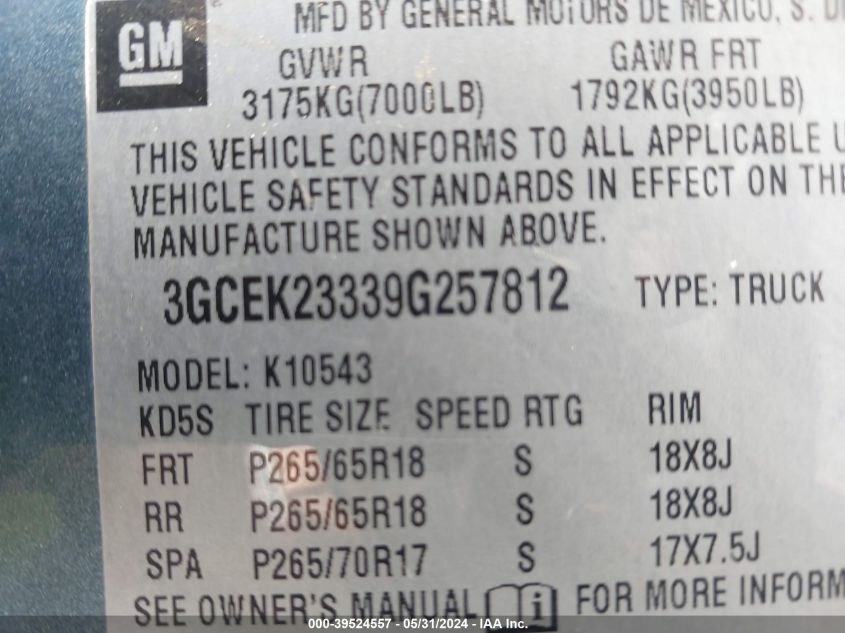 2009 Chevrolet Silverado 1500 Lt VIN: 3GCEK23339G257812 Lot: 39524557