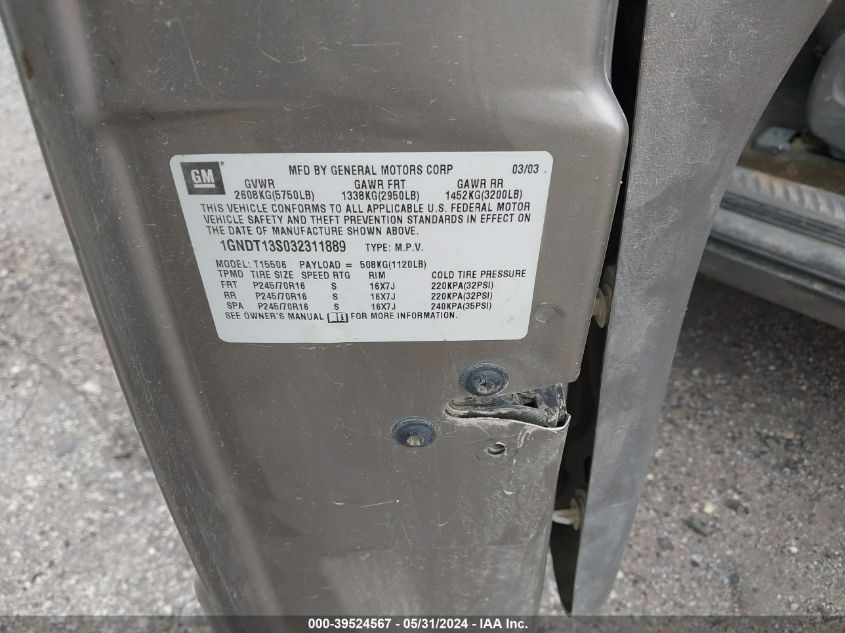 2003 Chevrolet Trailblazer Lt VIN: 1GNDT13S032311889 Lot: 39524567