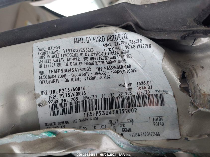 2005 Ford Taurus Se VIN: 1FAFP53U45A152002 Lot: 39524568