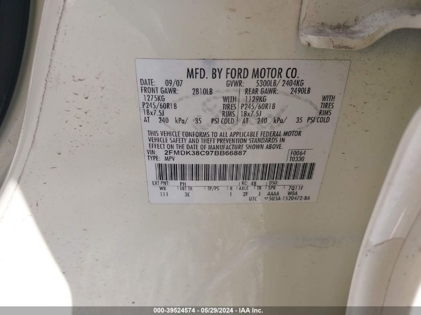 2007 Ford Edge Sel VIN: 2FMDK38C97BB66887 Lot: 39524574