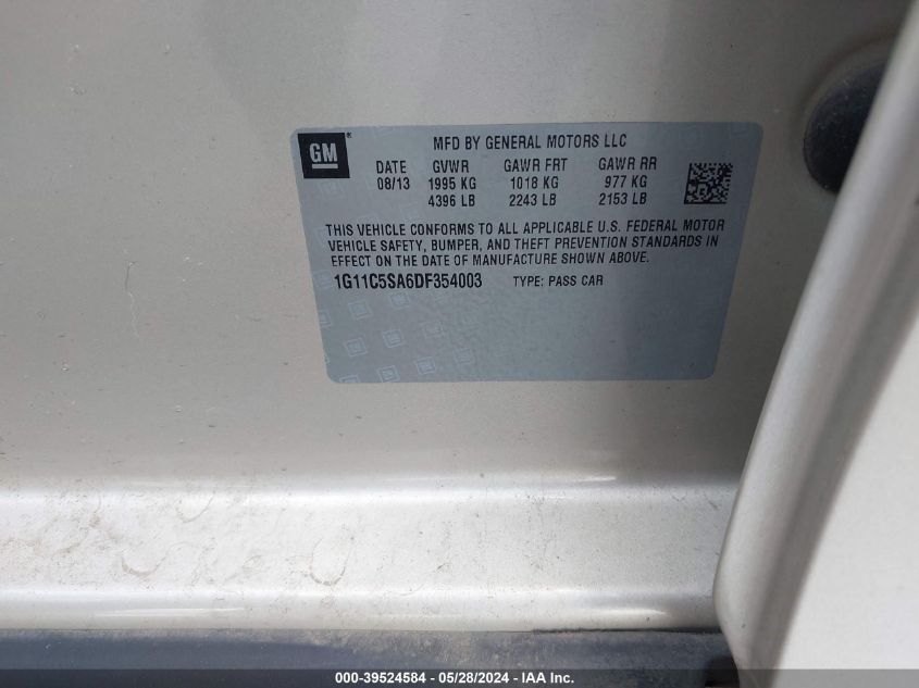 2013 Chevrolet Malibu 1Lt VIN: 1G11C5SA6DF354003 Lot: 39524584