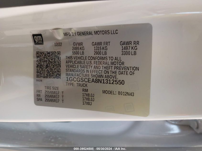 2022 Chevrolet Colorado 2Wd Short Box Lt VIN: 1GCGSCEA8N1312550 Lot: 39524585