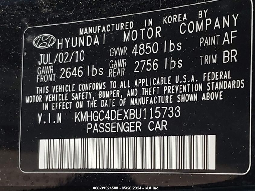 2011 Hyundai Genesis 3.8 VIN: KMHGC4DEXBU115733 Lot: 39524588