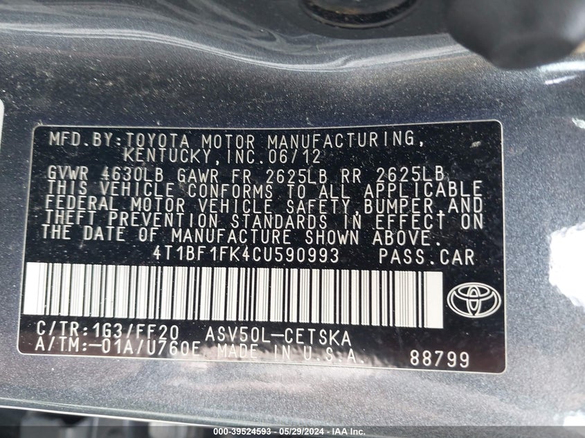 2012 Toyota Camry Se VIN: 4T1BF1FK4CU590993 Lot: 39524593