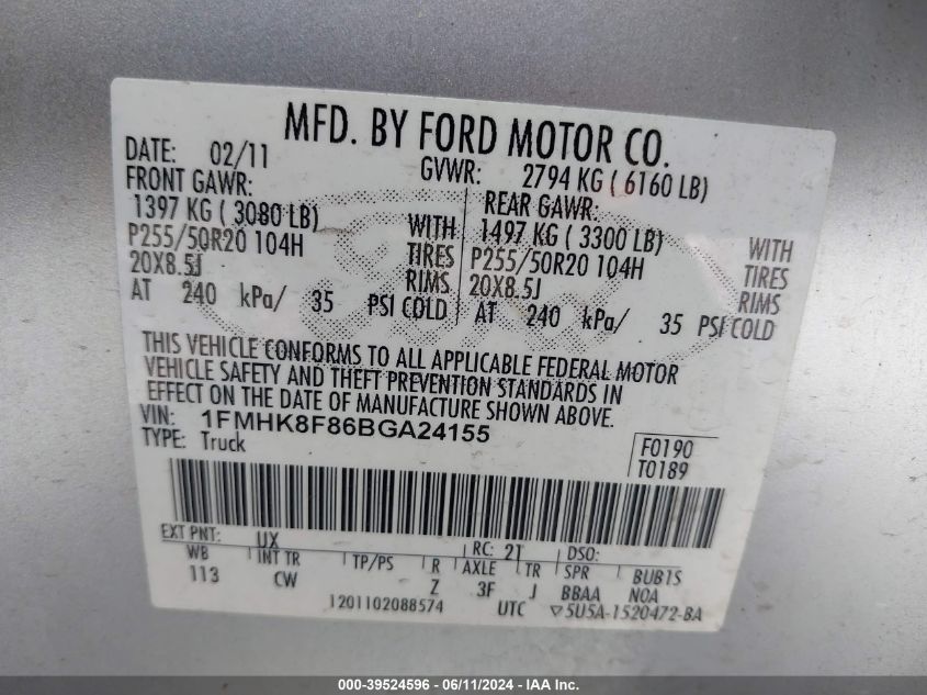 2011 Ford Explorer Limited VIN: 1FMHK8F86BGA24155 Lot: 39524596