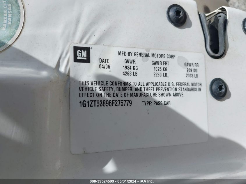 2006 Chevrolet Malibu Lt VIN: 1G1ZT53896F275779 Lot: 39524599