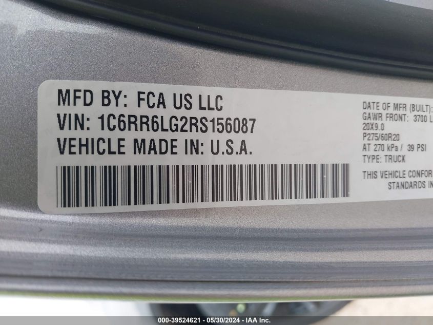 2024 Ram 1500 Classic Warlock 4X2 5'7 Box VIN: 1C6RR6LG2RS156087 Lot: 39524621