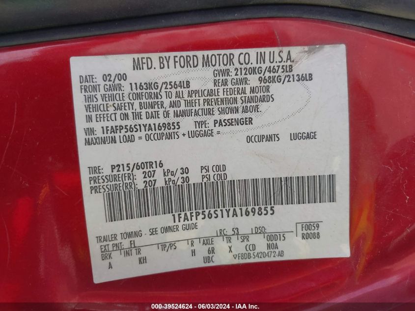 2000 Ford Taurus Sel VIN: 1FAFP56S1YA169855 Lot: 39524624