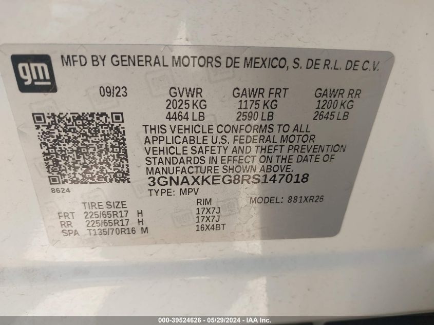 2024 Chevrolet Equinox Fwd Lt VIN: 3GNAXKEG8RS147018 Lot: 39524626