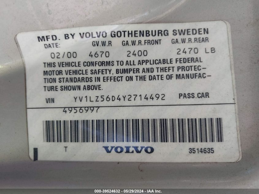 2000 Volvo V70 Xc/Xc Se VIN: YV1LZ56D4Y2714492 Lot: 39524632