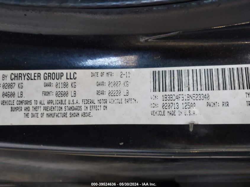 2011 Dodge Avenger Express VIN: 1B3BD4FB1BN523340 Lot: 39524636