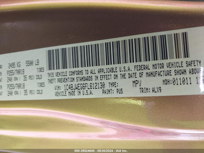 2015 Jeep Wrangler Unlimited Sahara VIN: 1C4BJWEG6FL612130 Lot: 39524640