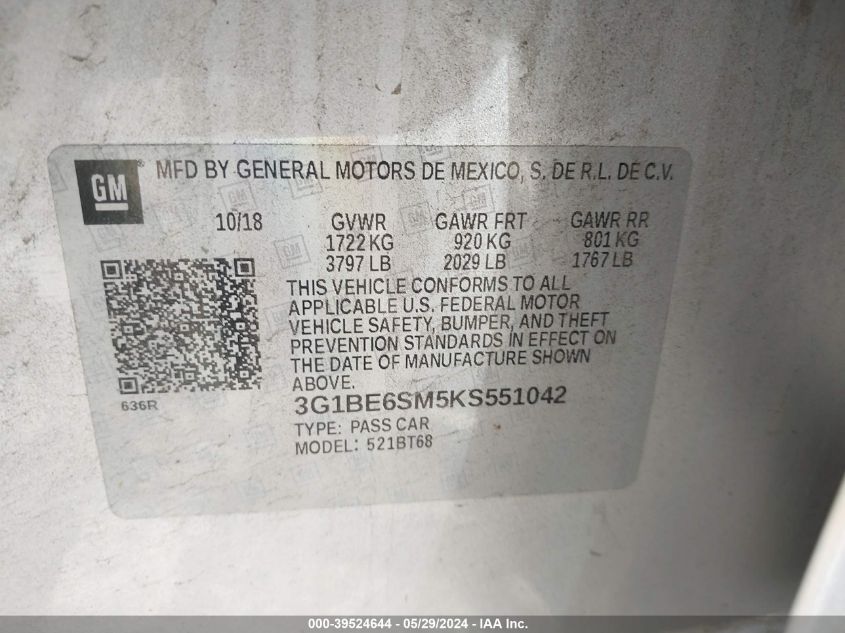 2019 Chevrolet Cruze Lt VIN: 3G1BE6SM5KS551042 Lot: 39524644