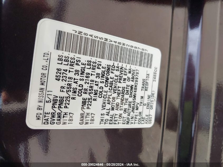 2011 Nissan Rogue Sv VIN: JN8AS5MV4BW299787 Lot: 39524646