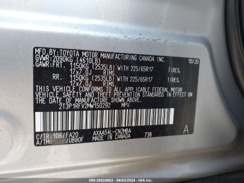 2021 TOYOTA RAV4 2.5L I-4 DI, DOHC, V(VIN: 2T3P1RFV2MW150292