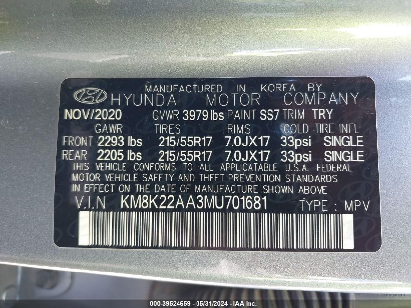 2021 Hyundai Kona Sel VIN: KM8K22AA3MU701681 Lot: 39524659