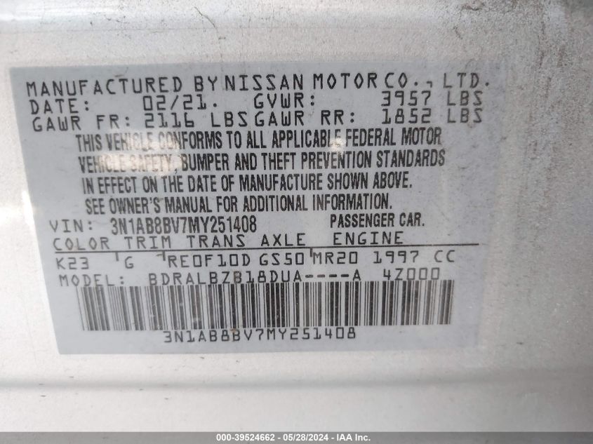 2021 Nissan Sentra S Xtronic Cvt VIN: 3N1AB8BV7MY251408 Lot: 39524662