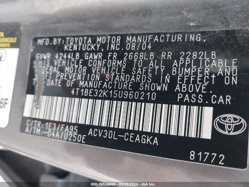 2005 Toyota Camry Xle VIN: 4T1BE32K15U960210 Lot: 39524665