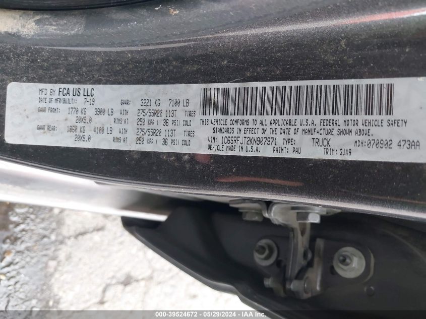 2019 Ram 1500 Laramie 4X4 5'7 Box VIN: 1C6SRFJT2KN907971 Lot: 39524672
