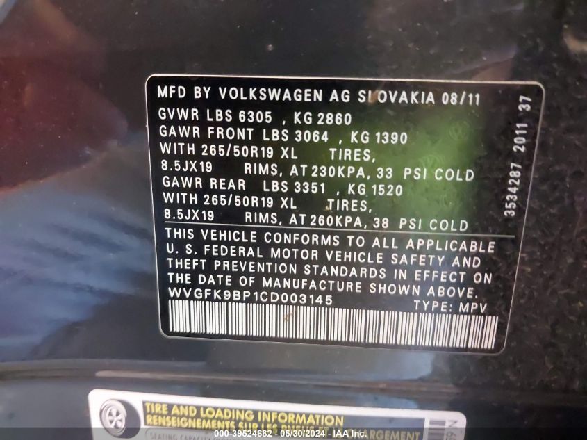 2012 Volkswagen Touareg Tdi Lux VIN: WVGFK9BP1CD003145 Lot: 39524682
