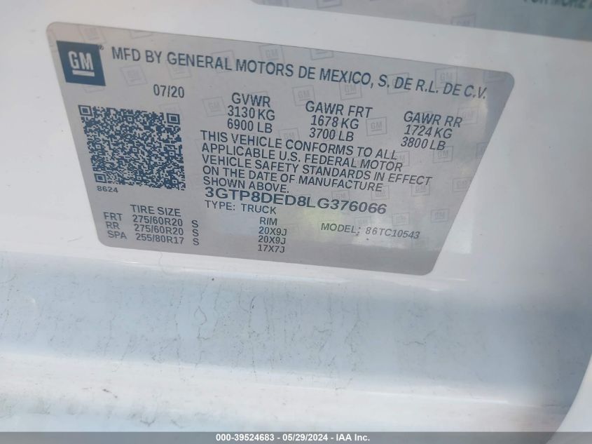 2020 GMC Sierra 1500 2Wd Short Box Slt VIN: 3GTP8DED8LG376066 Lot: 39524683
