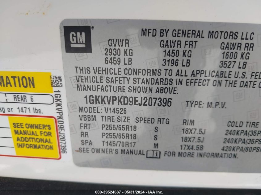 2014 GMC Acadia Sle-2 VIN: 1GKKVPKD9EJ207396 Lot: 39524687