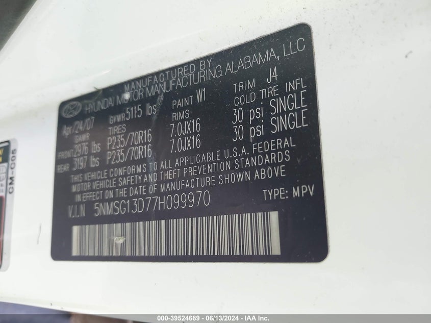 2007 Hyundai Santa Fe Gls VIN: 5NMSG13D77H099970 Lot: 39524689