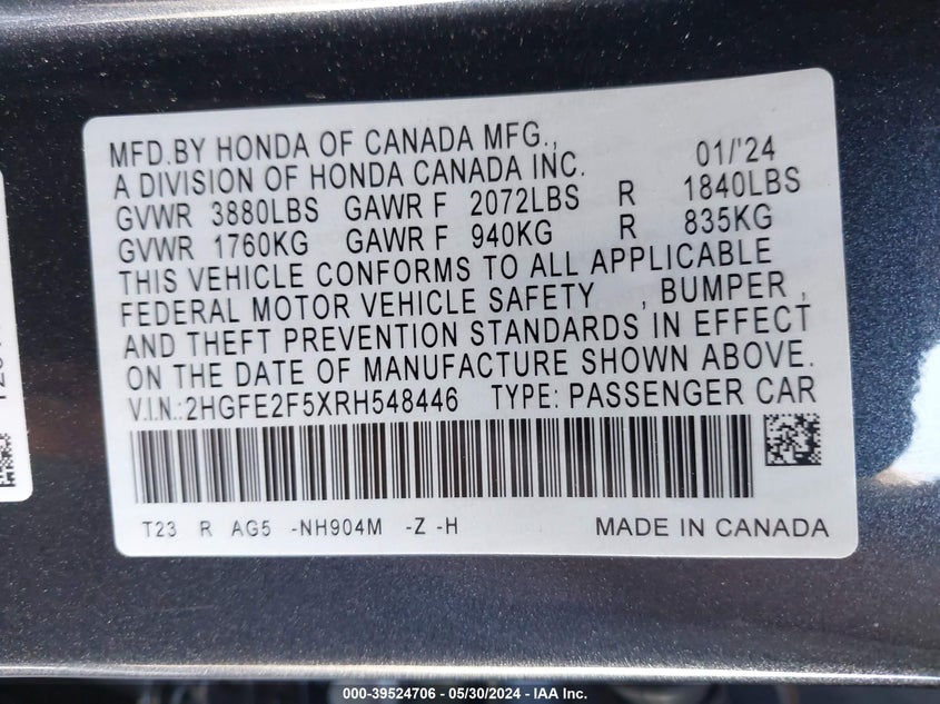 VIN 2HGFE2F5XRH548446 2024 HONDA CIVIC SPORT