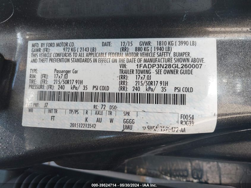 2016 Ford Focus Titanium VIN: 1FADP3N28GL260007 Lot: 39524714