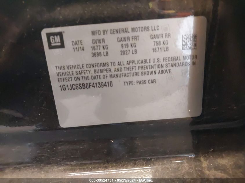 2015 Chevrolet Sonic Lt Auto VIN: 1G1JC6SB0F4139410 Lot: 39524731