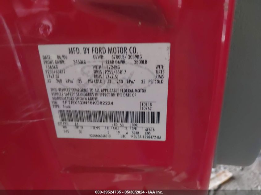 2006 Ford F-150 Stx/Xl/Xlt VIN: 1FTRX12W16KD82224 Lot: 39524735