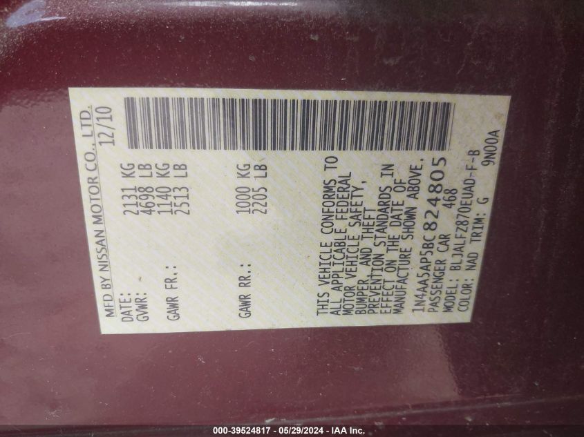 2011 Nissan Maxima 3.5 Sv VIN: 1N4AA5AP5BC824805 Lot: 39524817