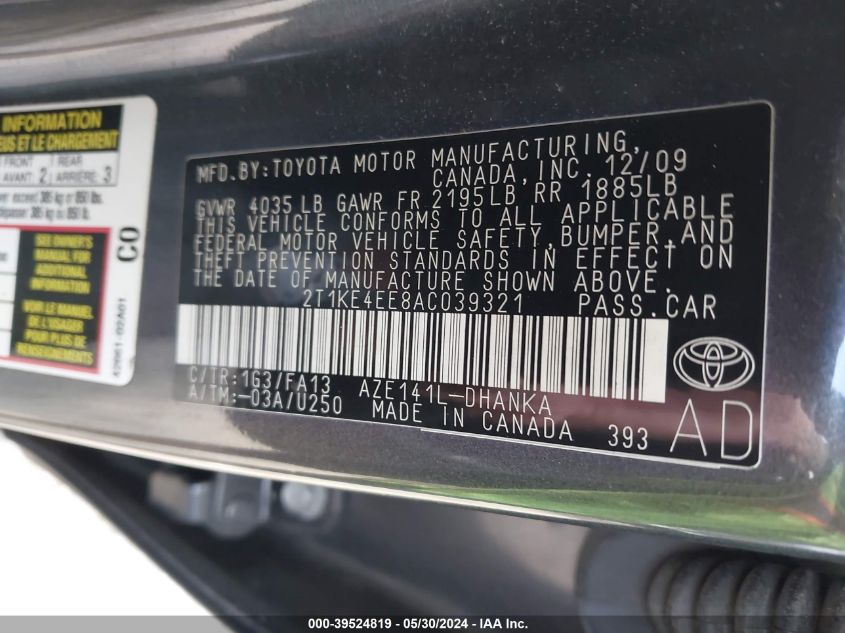 2010 Toyota Matrix S VIN: 2T1KE4EE8AC039321 Lot: 39524819