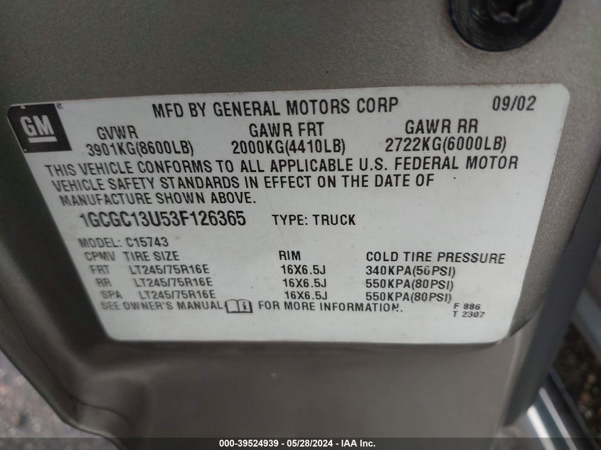 2003 Chevrolet Silverado 1500Hd Ls VIN: 1GCGC13U53F126365 Lot: 39524939
