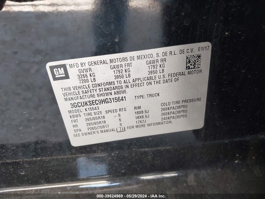2017 Chevrolet Silverado 1500 2Lz VIN: 3GCUKSEC9HG315641 Lot: 39524969
