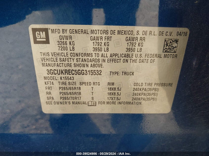 2016 Chevrolet Silverado 1500 2Lt VIN: 3GCUKREC5GG315532 Lot: 39524986