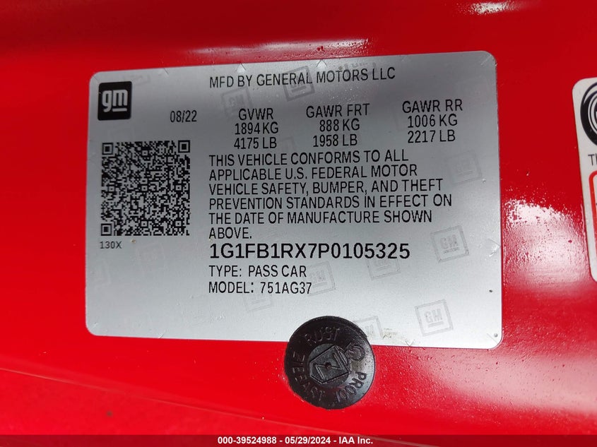 2023 Chevrolet Camaro Rwd 1Lt VIN: 1G1FB1RX7P0105325 Lot: 39524988