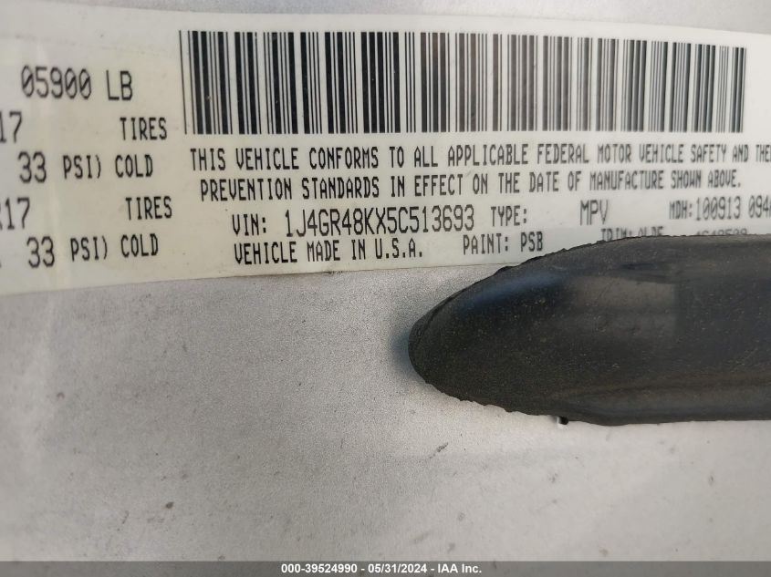 2005 Jeep Grand Cherokee Laredo/Columbia/Freedom VIN: 1J4GR48KX5C513693 Lot: 39524990