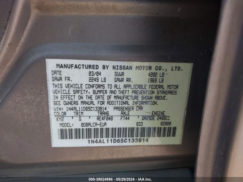 2005 Nissan Altima 2.5 S VIN: 1N4AL11D65C133814 Lot: 39524998